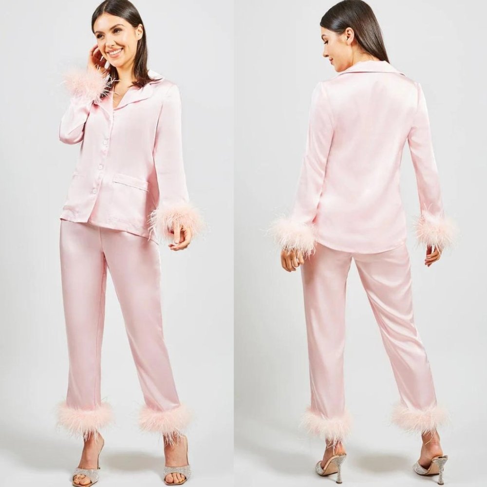 NADINE MERABI Darcie Pink Feather Pajamas - Size Small - NWT